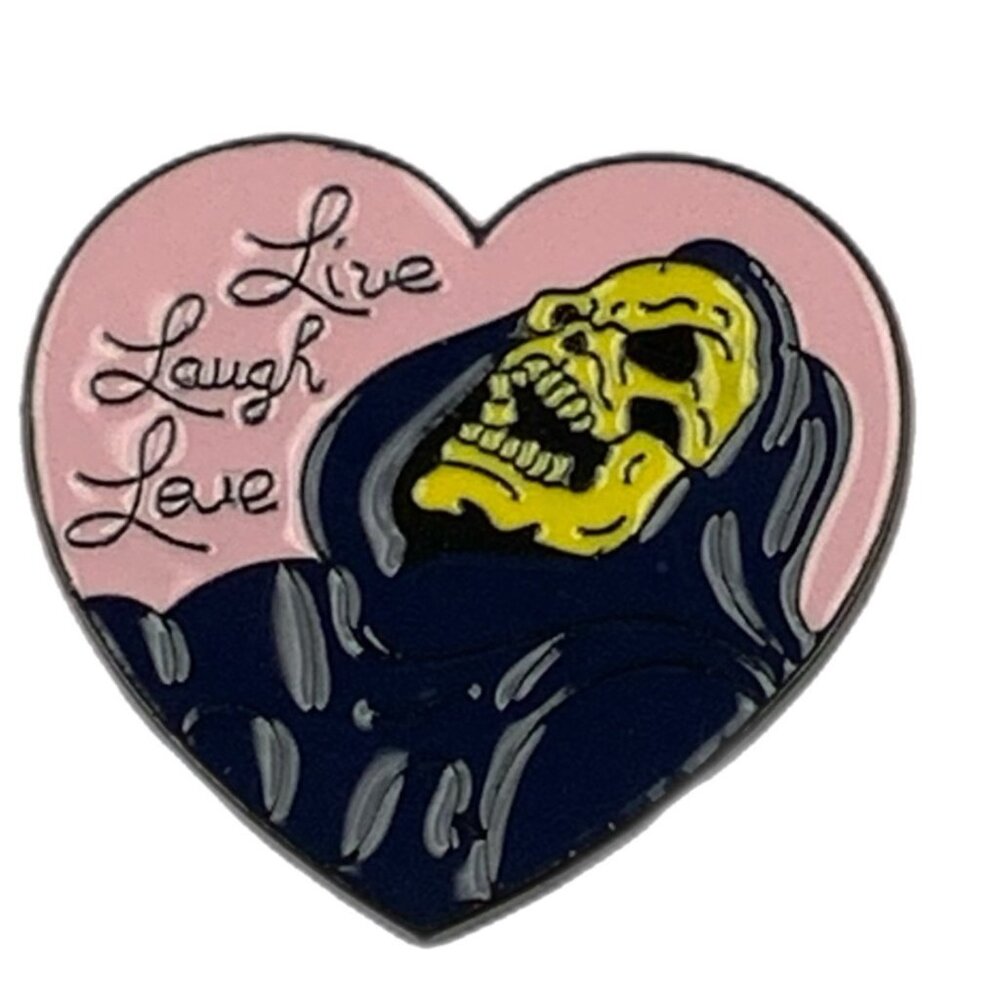 Live Laugh Love Skeleton Heart Enamel Pin Black Metal Skeletor He-Man